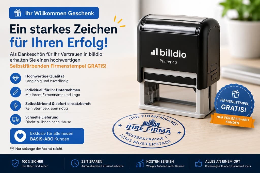 Gratis-Aktion: Selbstfärbender Firmenstempel mit billdio-Branding – exklusiv für neue Basic-Abo-Kunden